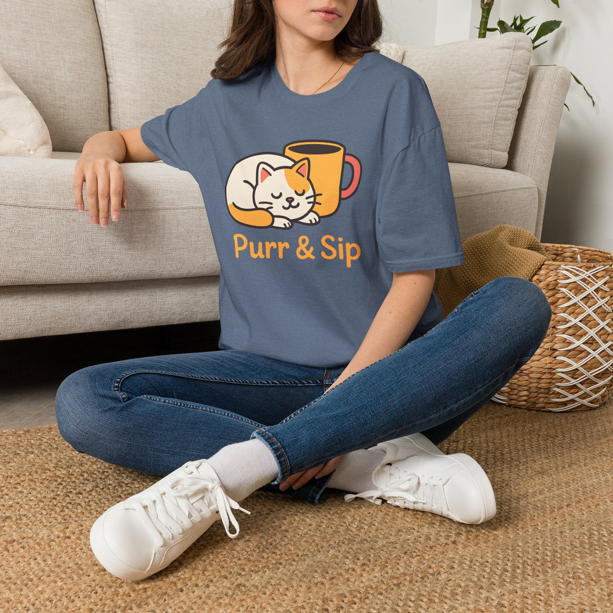 Purr and Sip, Cat and Coffee –  Supersoft Unisex T-Shirt