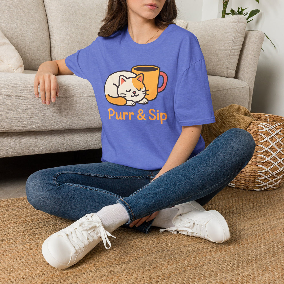 Purr and Sip, Cat and Coffee –  Supersoft Unisex T-Shirt