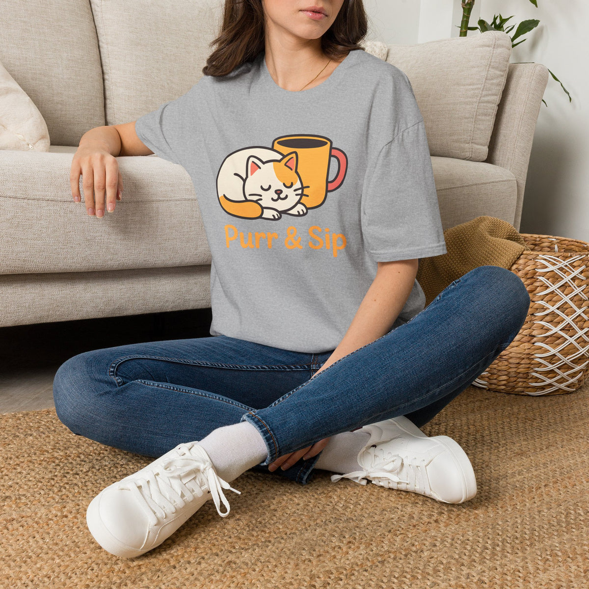 Purr and Sip, Cat and Coffee –  Supersoft Unisex T-Shirt