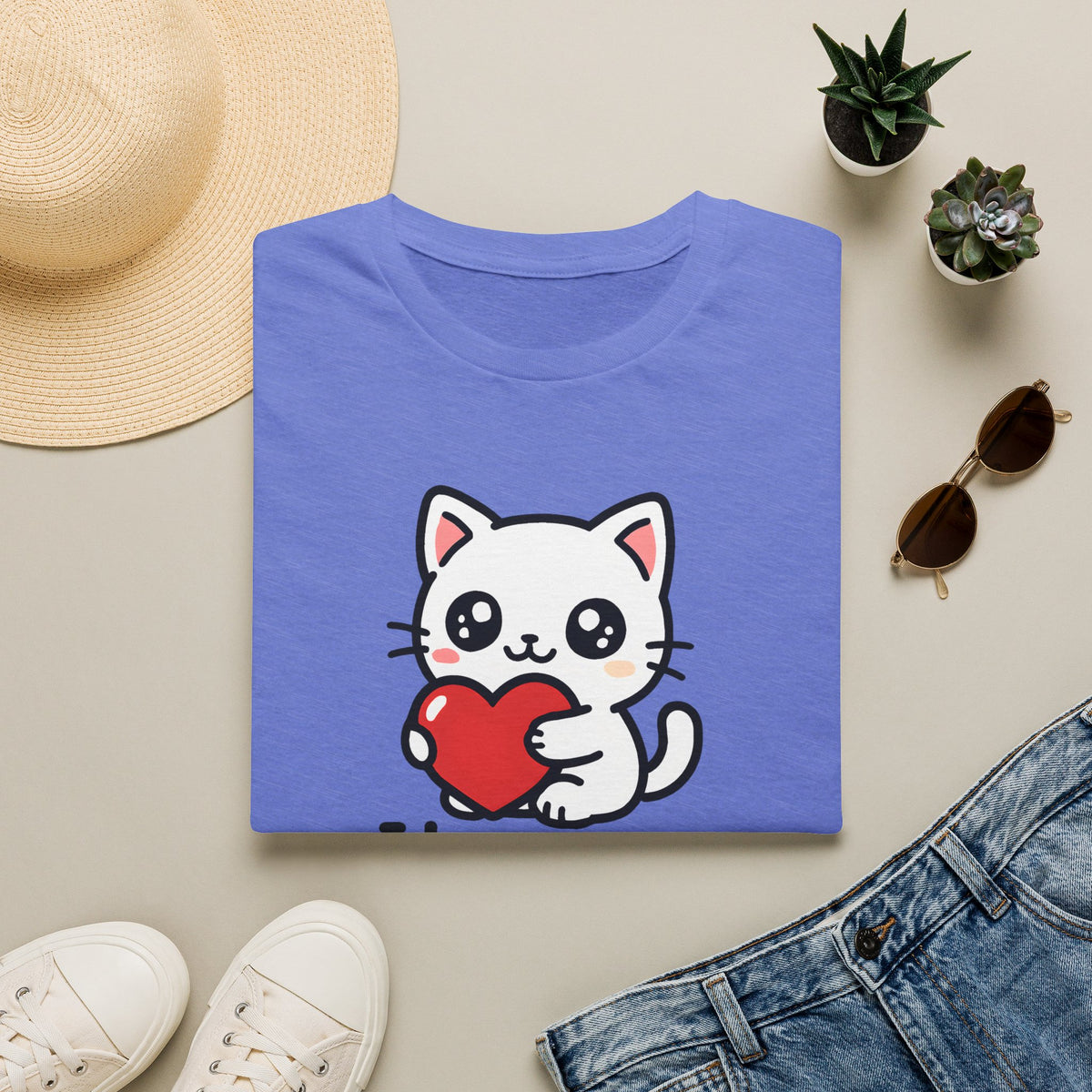 Cute Cat with Heart Kawaii –  Supersoft Unisex T-Shirt