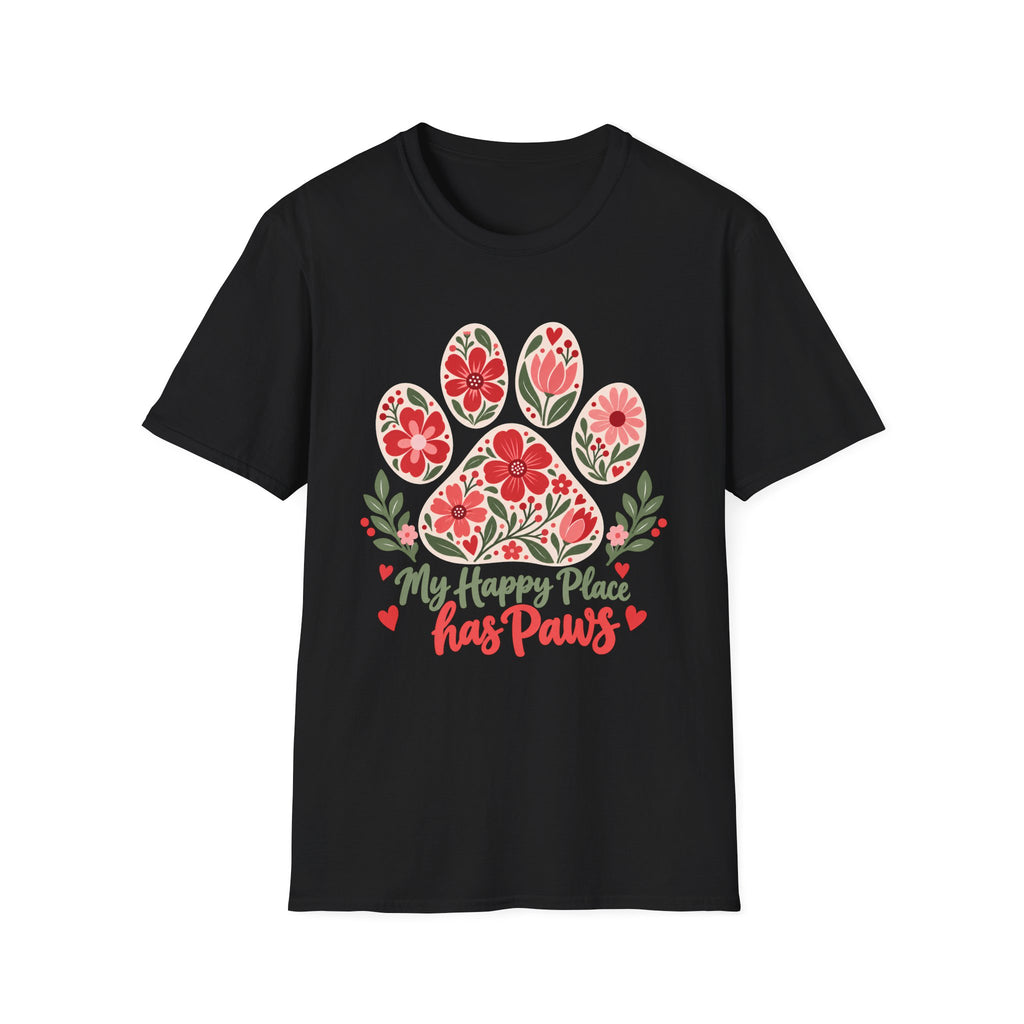 My Happy Place has Paws Floral Paw Print - Supersoft Unisex T-shirt