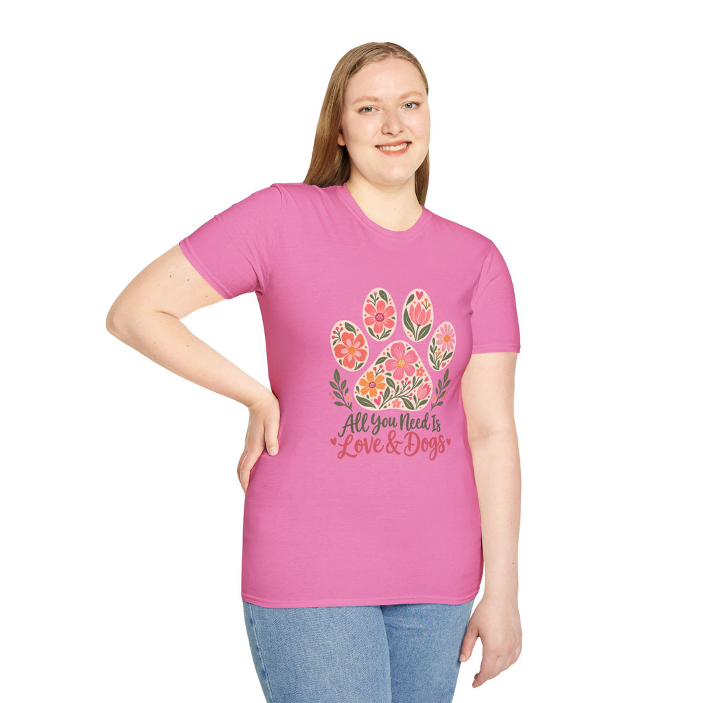 All You Need is Love & Dogs Floral Paw Print - Supersoft Unisex T-shirt