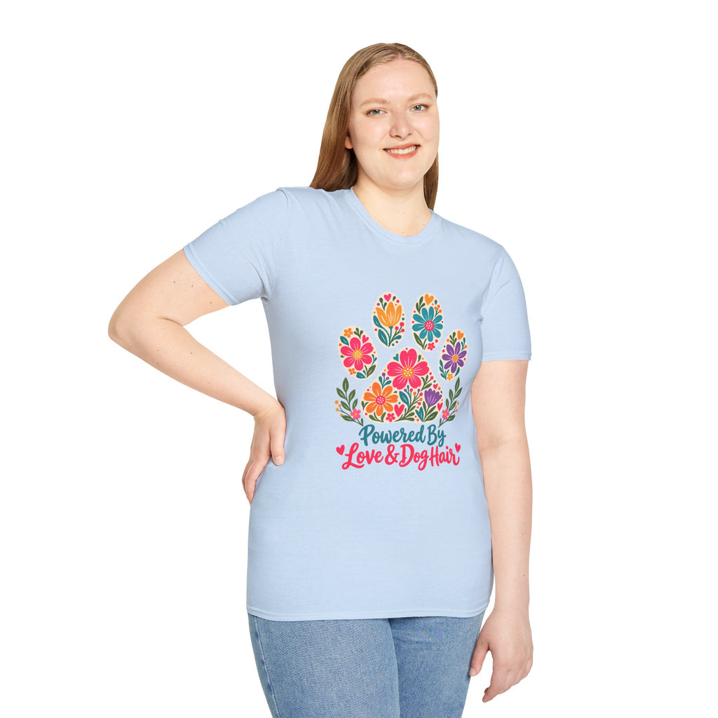 Powered by Love & Dog Hair Floral Paw Print - Supersoft Unisex T-shirt