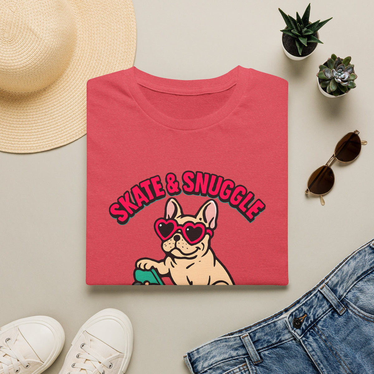 Skate and Snuggle Frenchie Pup –  Supersoft Unisex T-Shirt