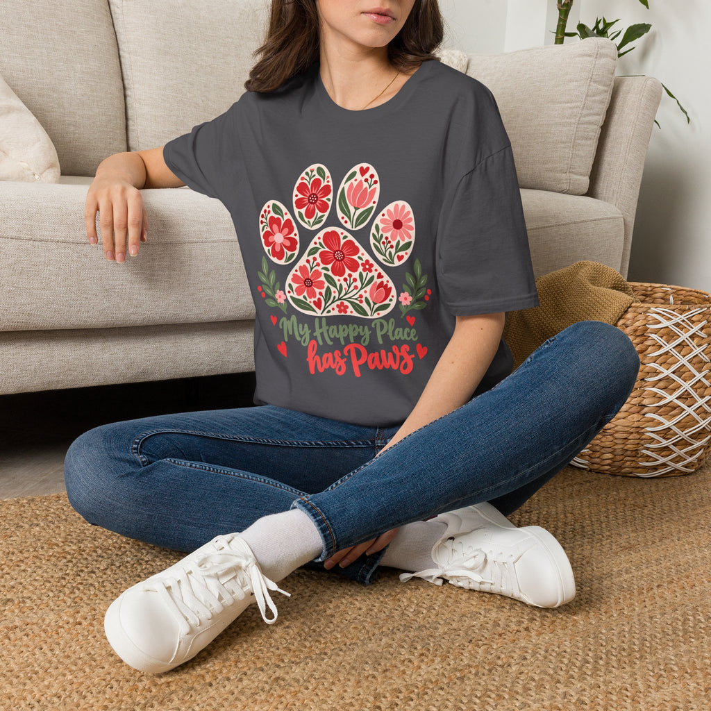 My Happy Place has Paws Floral Paw Print - Supersoft Unisex T-shirt