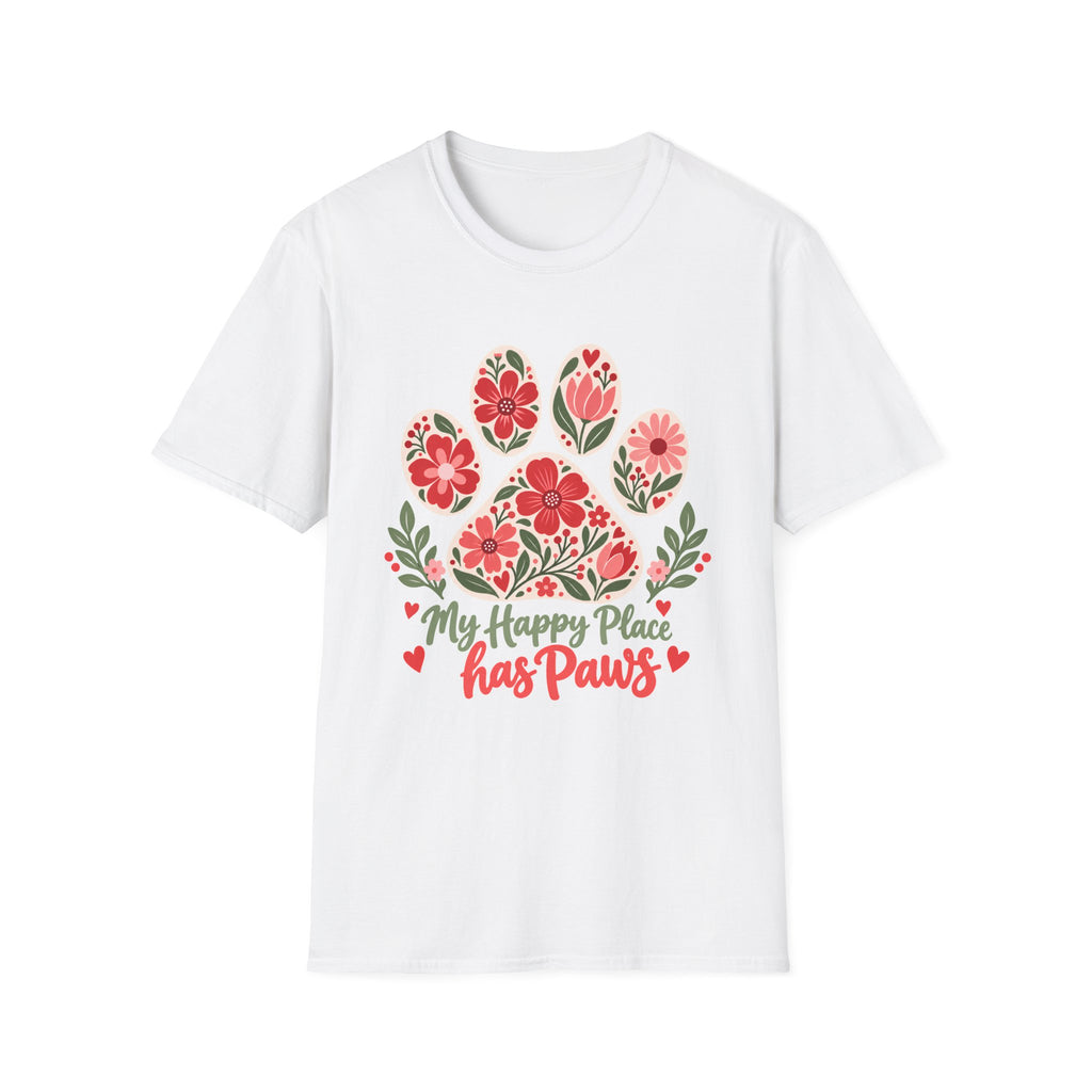 My Happy Place has Paws Floral Paw Print - Supersoft Unisex T-shirt