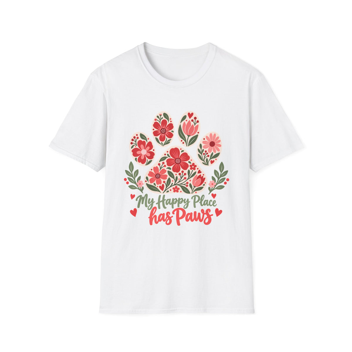 My Happy Place has Paws Floral Paw Print - Supersoft Unisex T-shirt