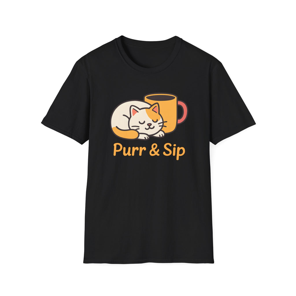 Purr and Sip, Cat and Coffee –  Supersoft Unisex T-Shirt