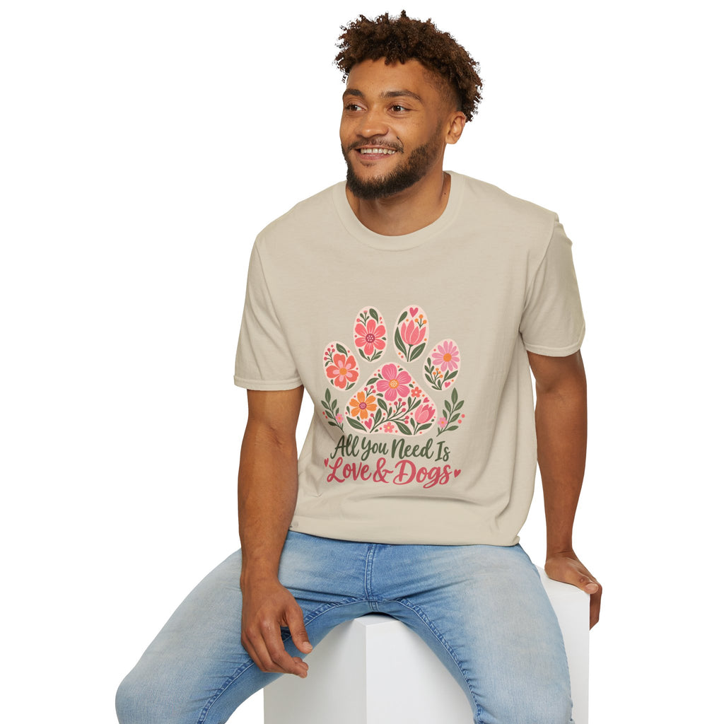 All You Need is Love & Dogs Floral Paw Print - Supersoft Unisex T-shirt