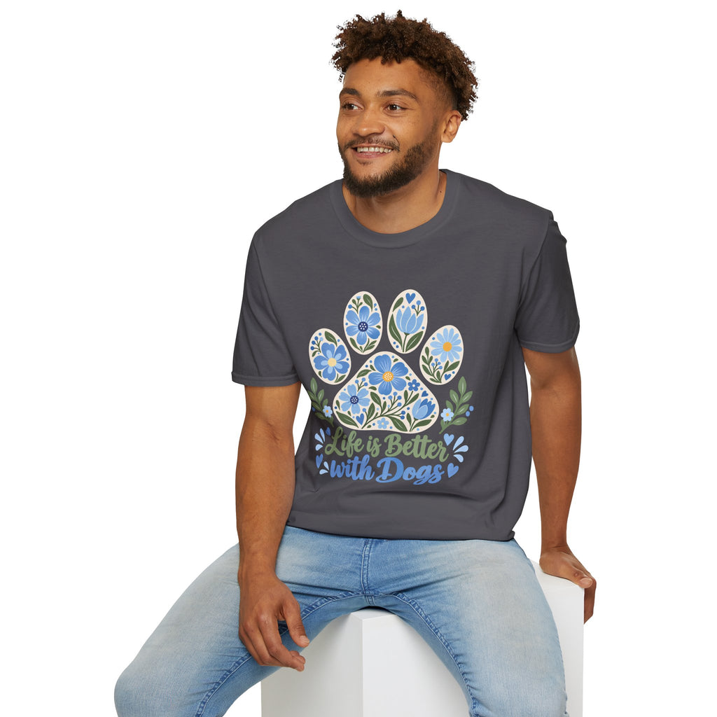 Life is Better with Dogs Floral Paw Print - Supersoft Unisex T-shirt