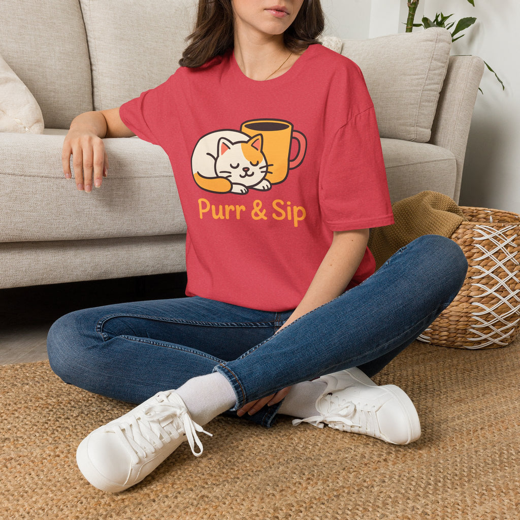 Purr and Sip, Cat and Coffee –  Supersoft Unisex T-Shirt