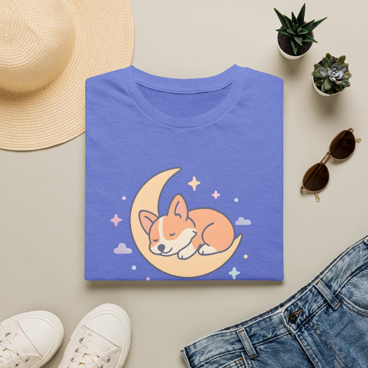Sleeping Dog on Moon Cute Kawaii –  Supersoft Unisex T-Shirt