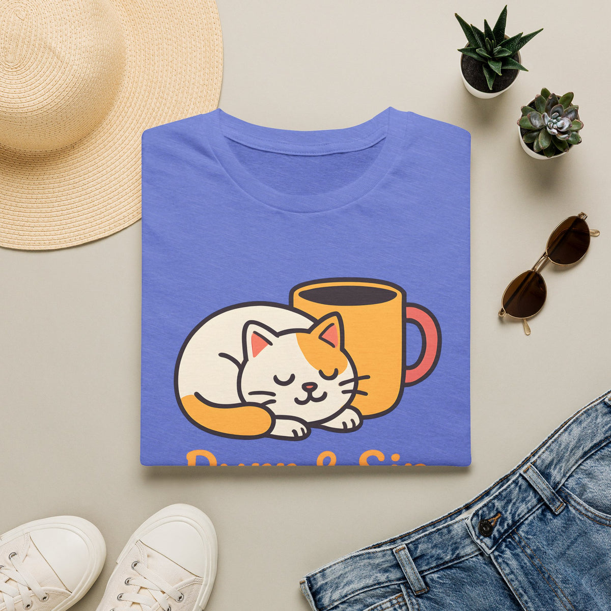 Purr and Sip, Cat and Coffee –  Supersoft Unisex T-Shirt