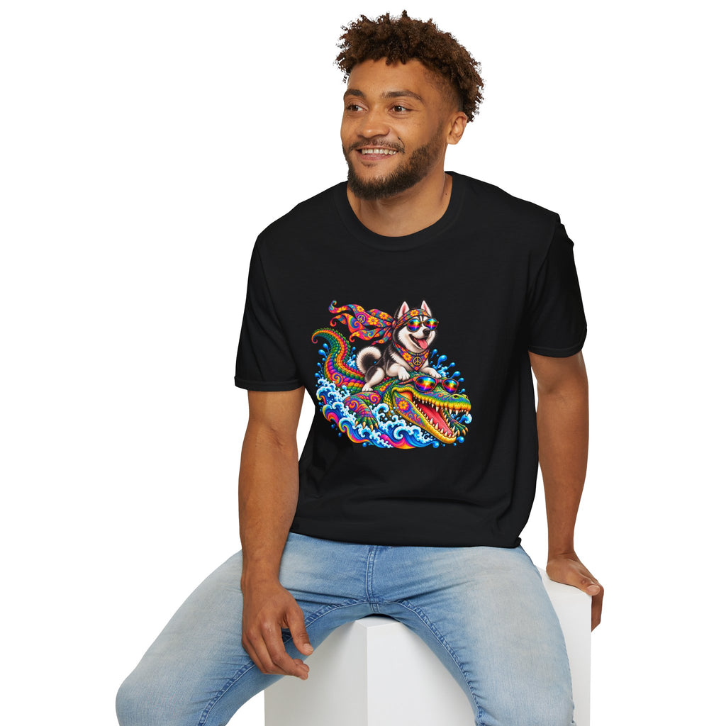 Croc 'n' Roll! – Siberian Husky's Wildest Ride - Unisex T-Shirt