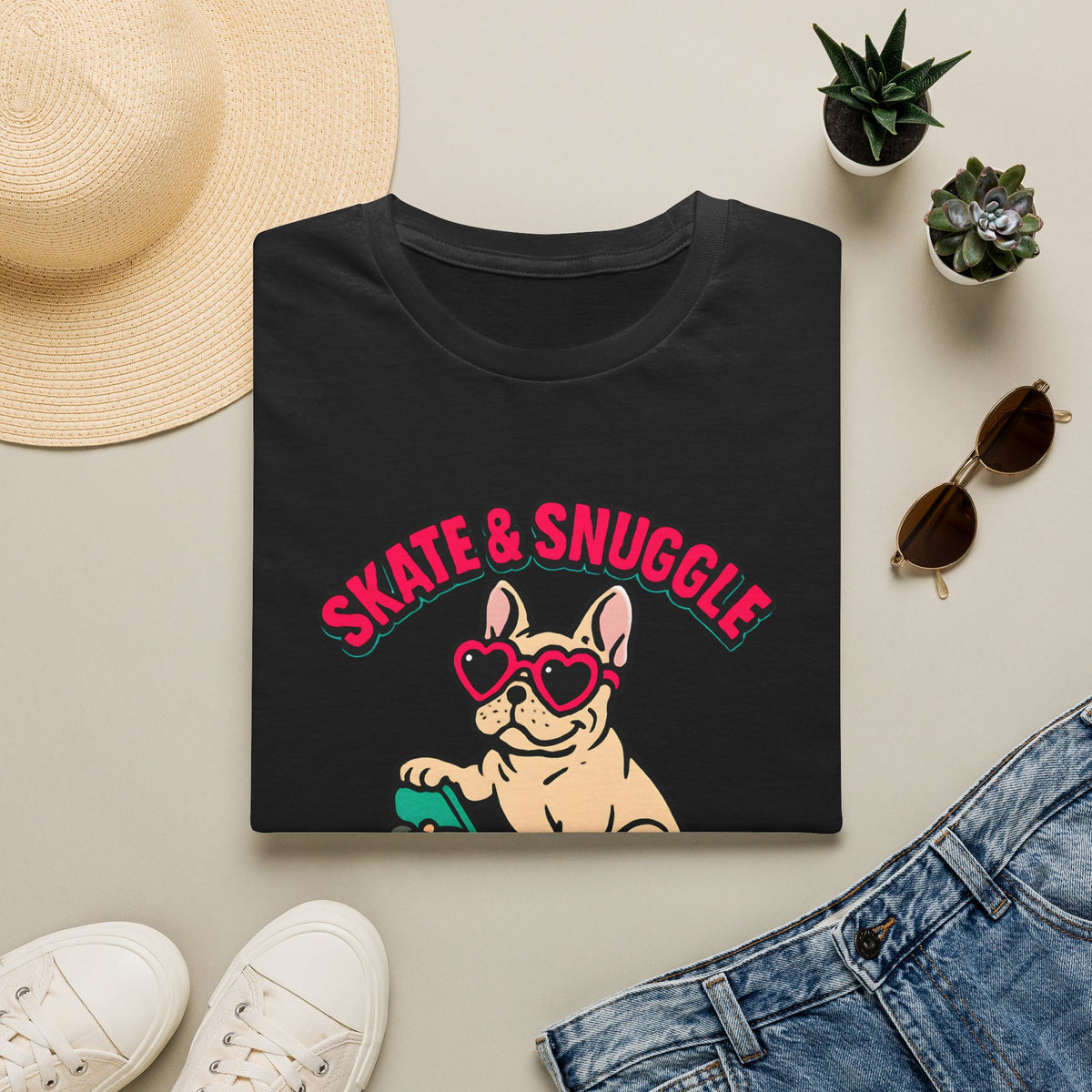 Skate and Snuggle Frenchie Pup –  Supersoft Unisex T-Shirt