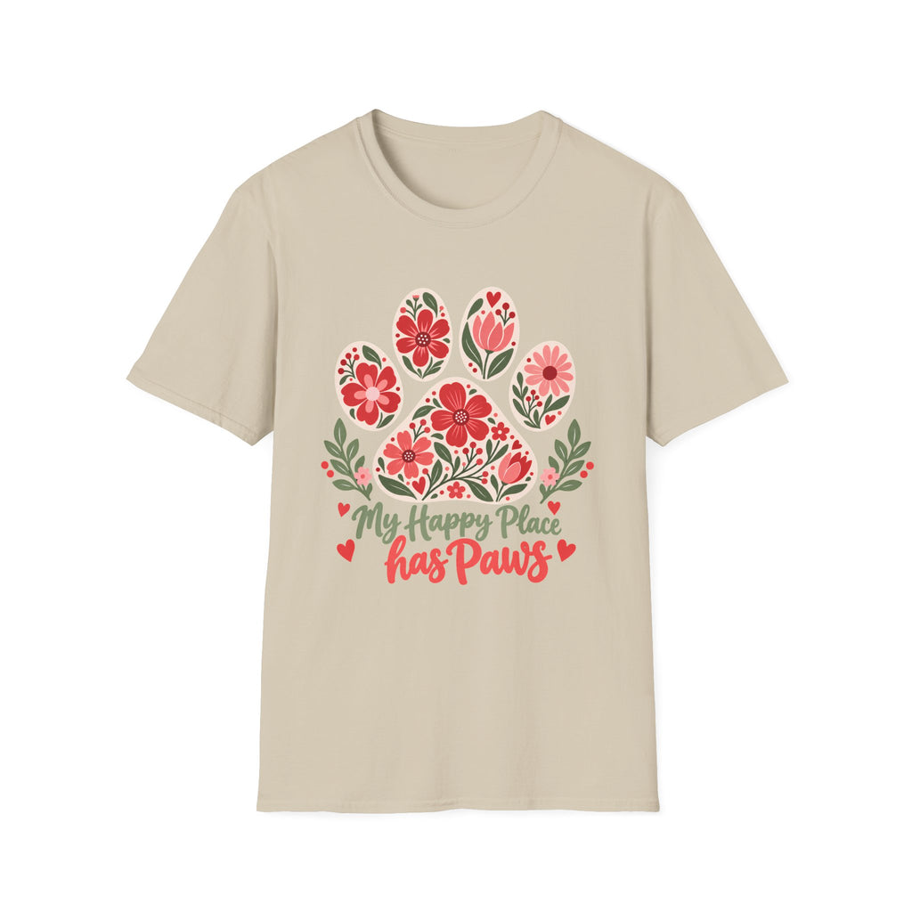 My Happy Place has Paws Floral Paw Print - Supersoft Unisex T-shirt