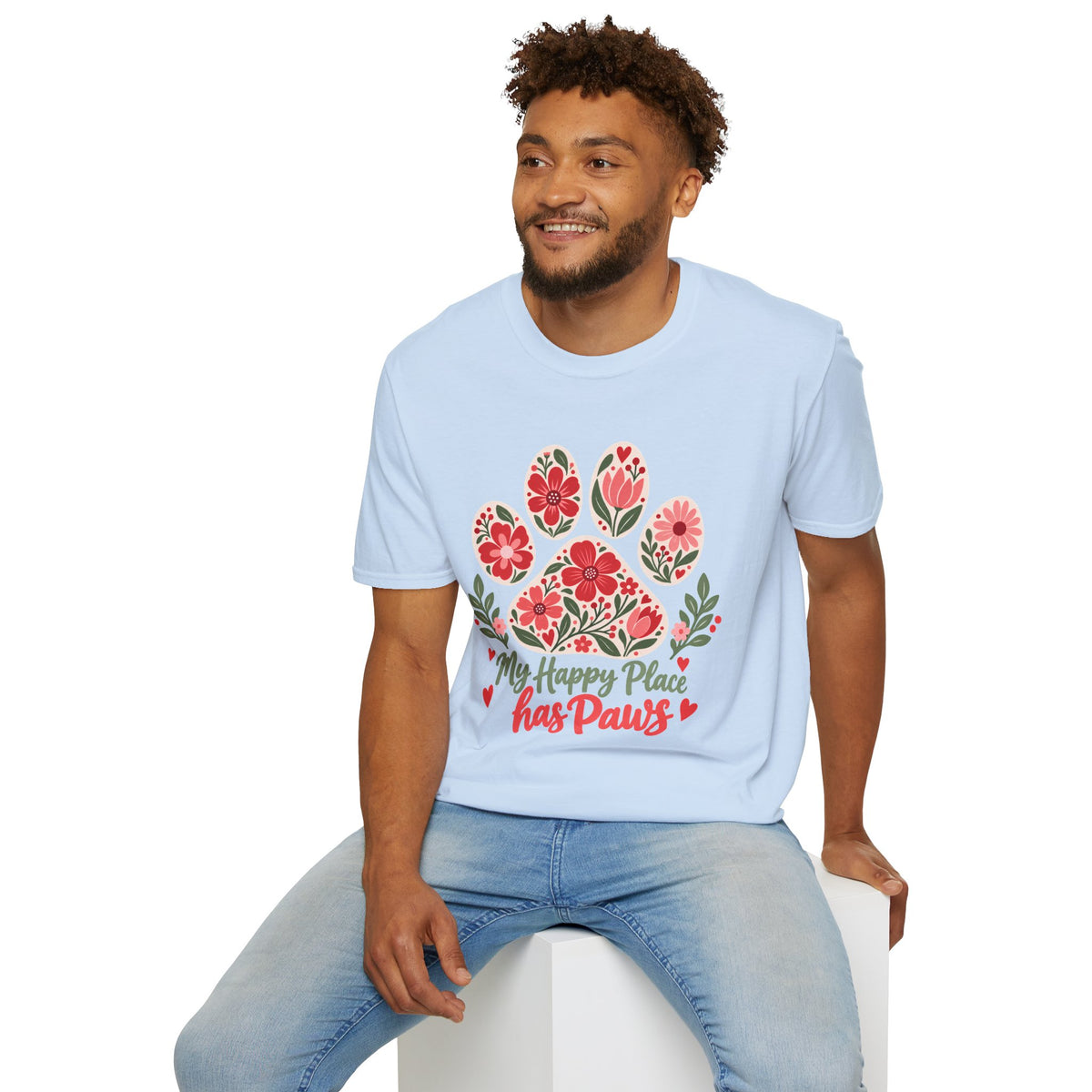 My Happy Place has Paws Floral Paw Print - Supersoft Unisex T-shirt