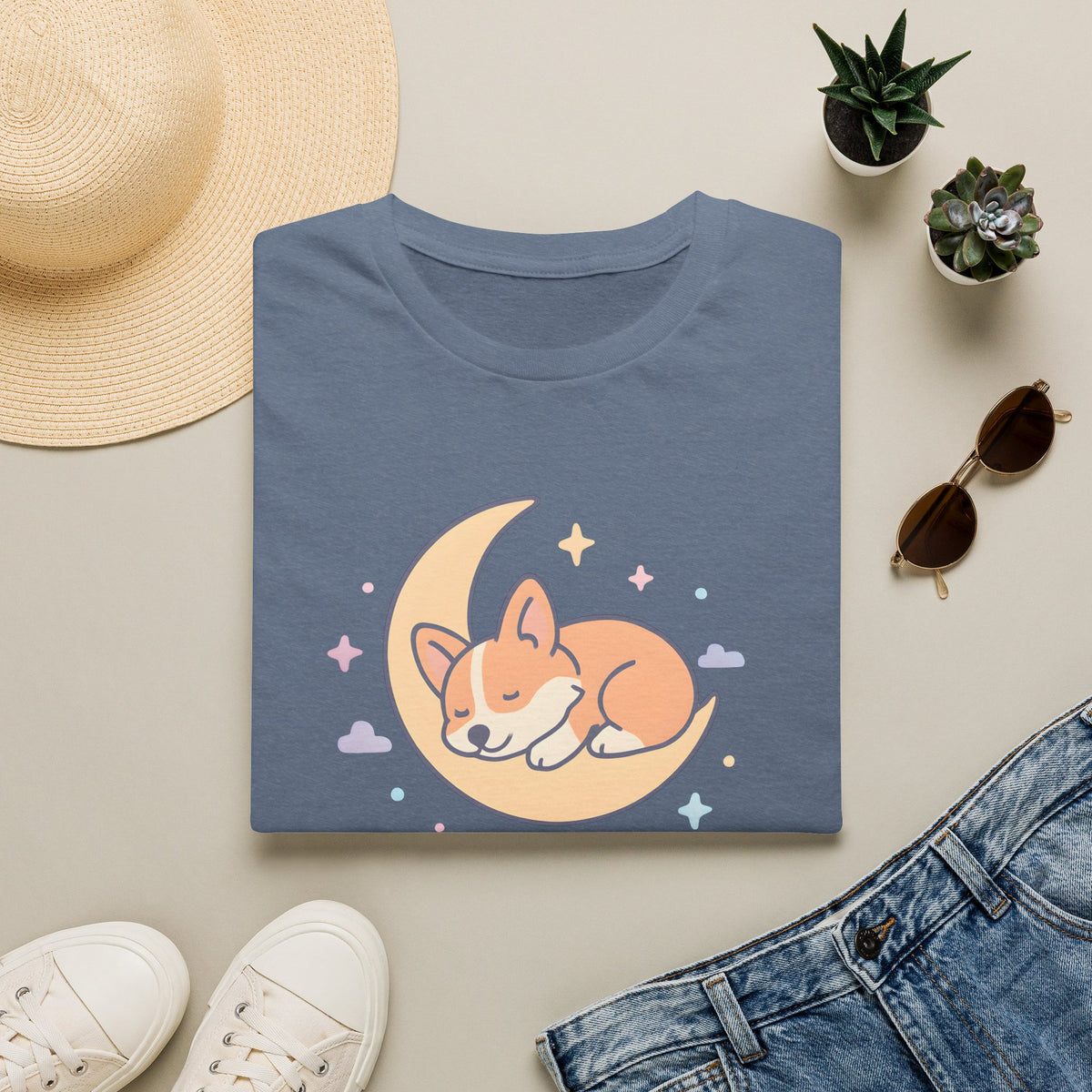 Sleeping Dog on Moon Cute Kawaii –  Supersoft Unisex T-Shirt