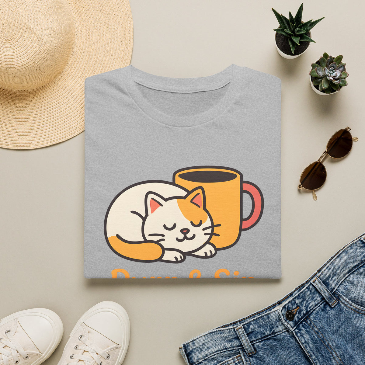 Purr and Sip, Cat and Coffee –  Supersoft Unisex T-Shirt