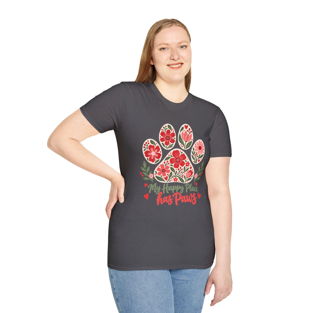 My Happy Place has Paws Floral Paw Print - Supersoft Unisex T-shirt