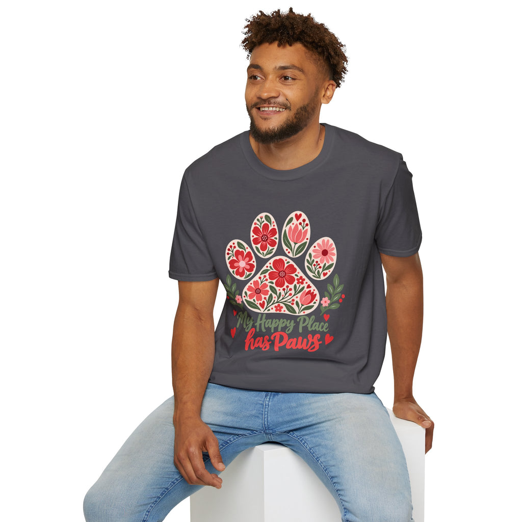 My Happy Place has Paws Floral Paw Print - Supersoft Unisex T-shirt