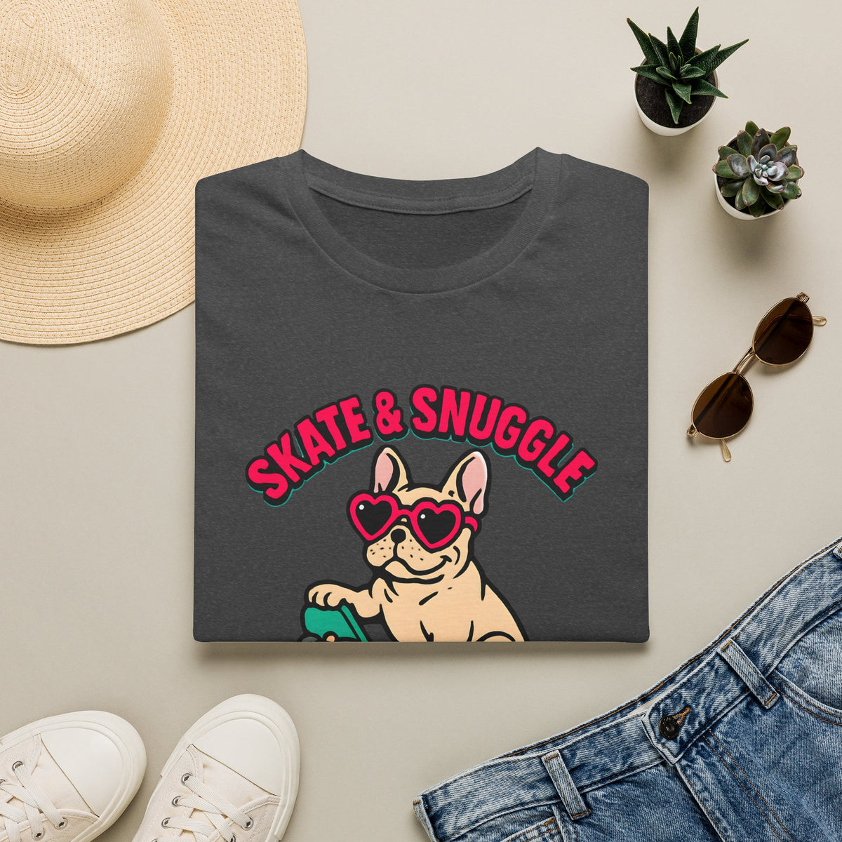 Skate and Snuggle Frenchie Pup –  Supersoft Unisex T-Shirt