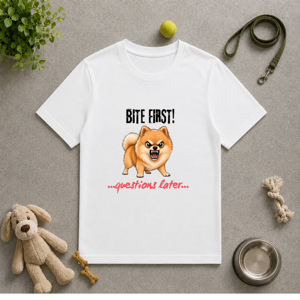 Bite First...Questions Later – Pomeranian Rescue Dog with Attitude - Unisex T-Shirt