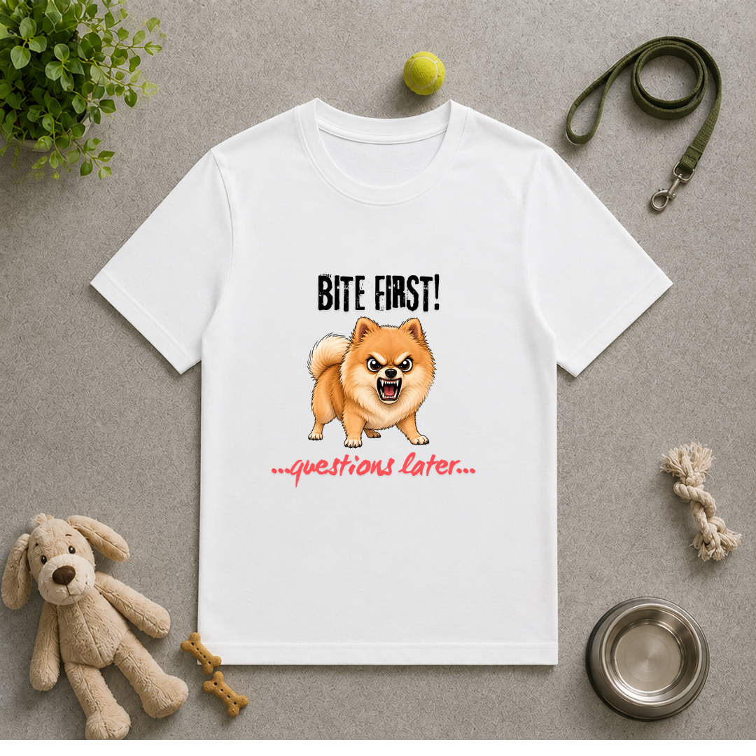 Bite First...Questions Later – Pomeranian Rescue Dog with Attitude - Unisex T-Shirt