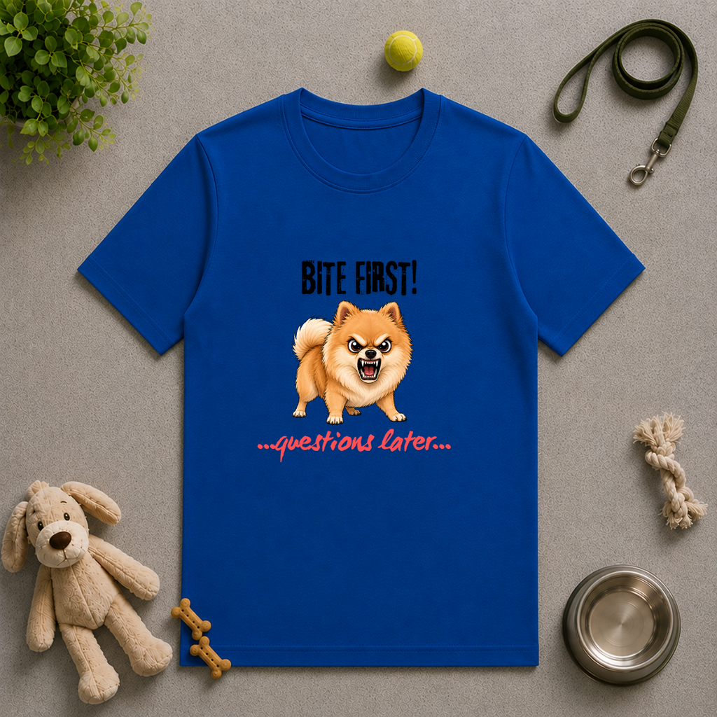 Bite First...Questions Later – Pomeranian Rescue Dog with Attitude - Unisex T-Shirt