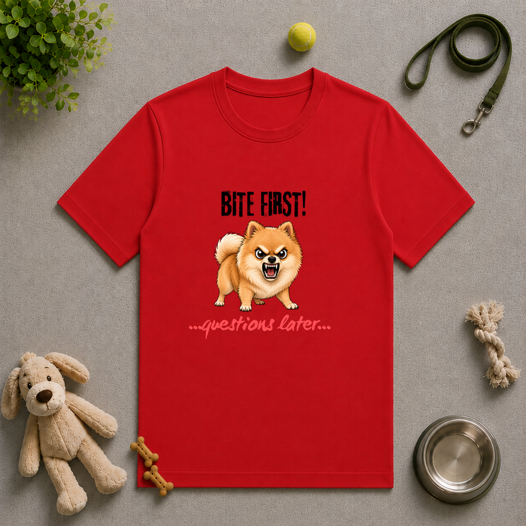 Bite First...Questions Later – Pomeranian Rescue Dog with Attitude - Unisex T-Shirt