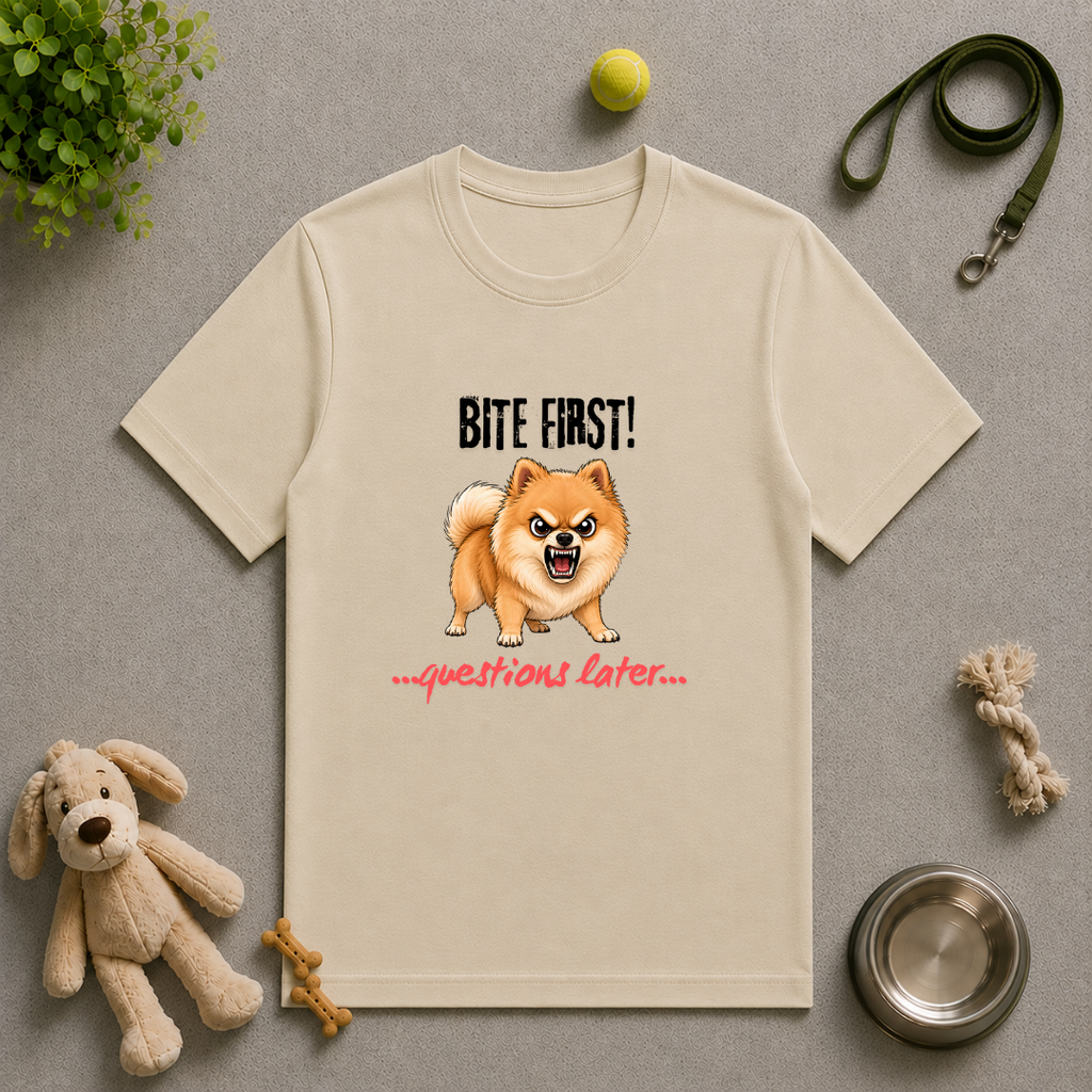 Bite First...Questions Later – Pomeranian Rescue Dog with Attitude - Unisex T-Shirt