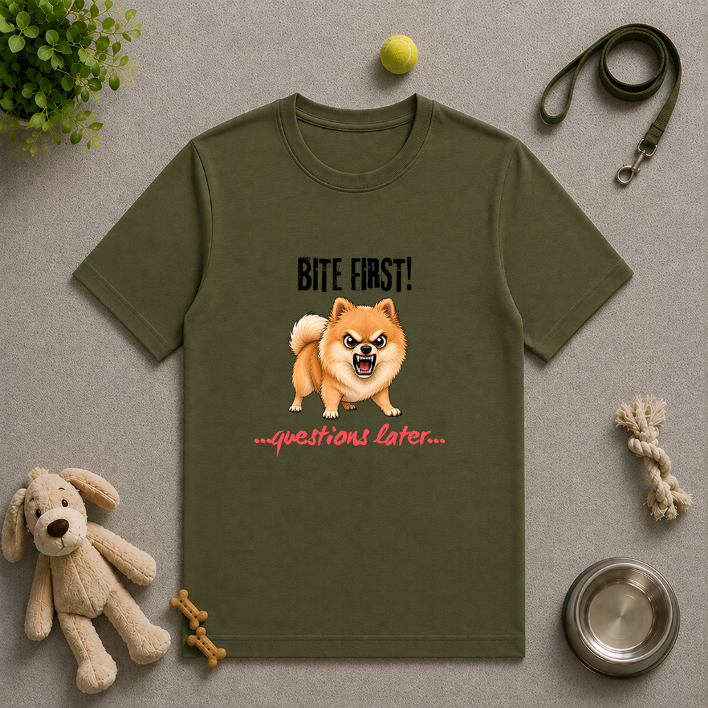 Bite First...Questions Later – Pomeranian Rescue Dog with Attitude - Unisex T-Shirt
