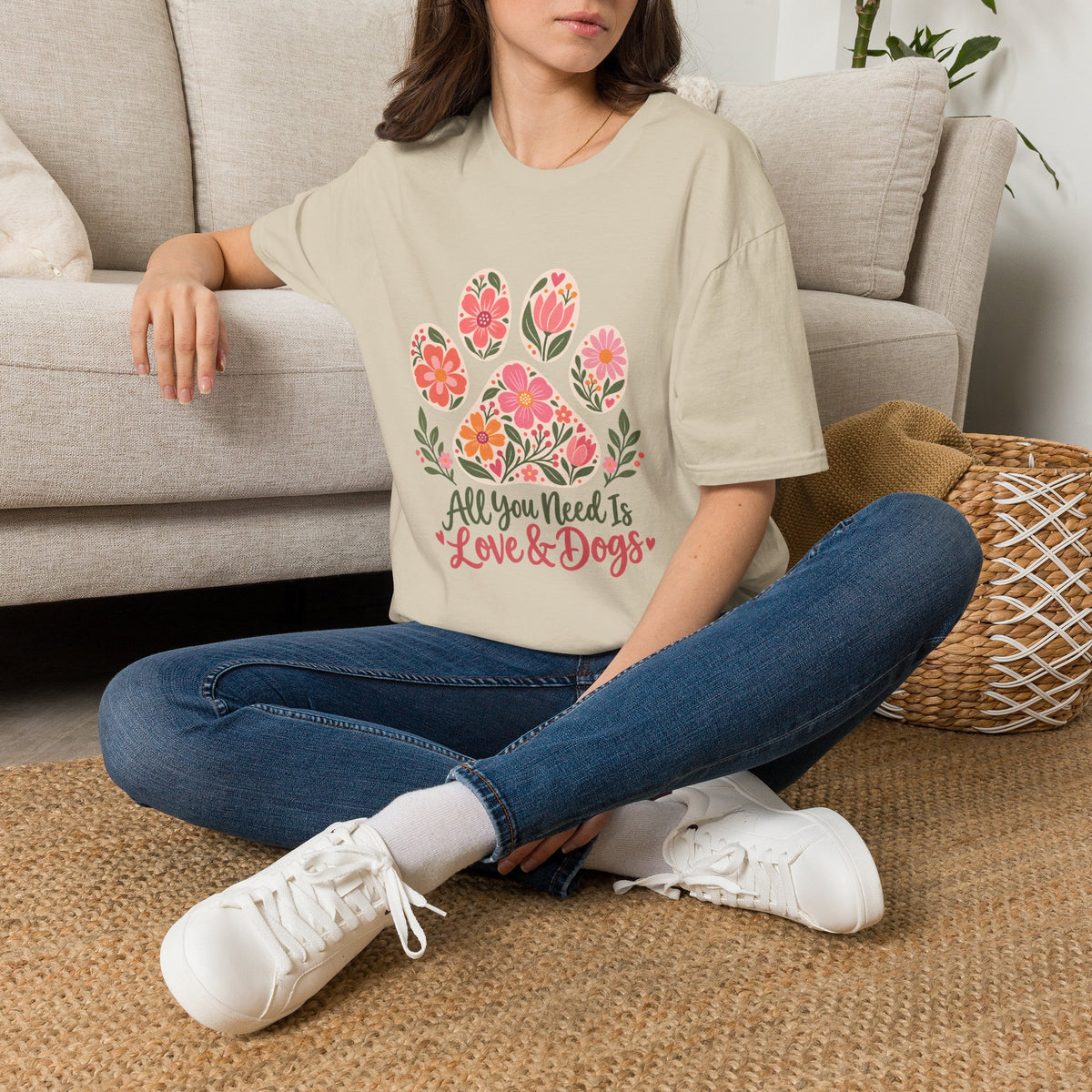 All You Need is Love & Dogs Floral Paw Print - Supersoft Unisex T-shirt