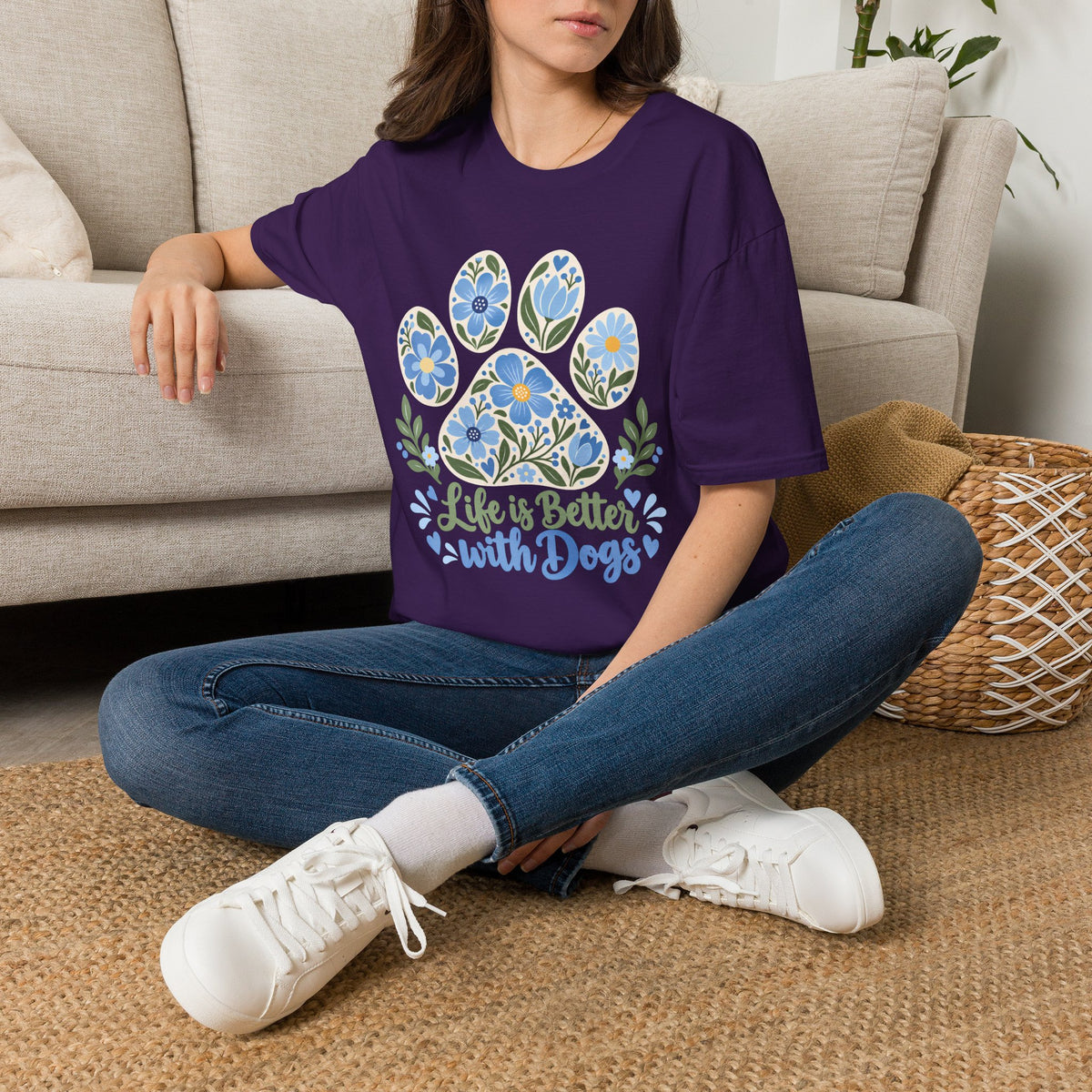 Life is Better with Dogs Floral Paw Print - Supersoft Unisex T-shirt