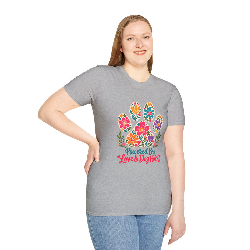 Powered by Love & Dog Hair Floral Paw Print - Supersoft Unisex T-shirt