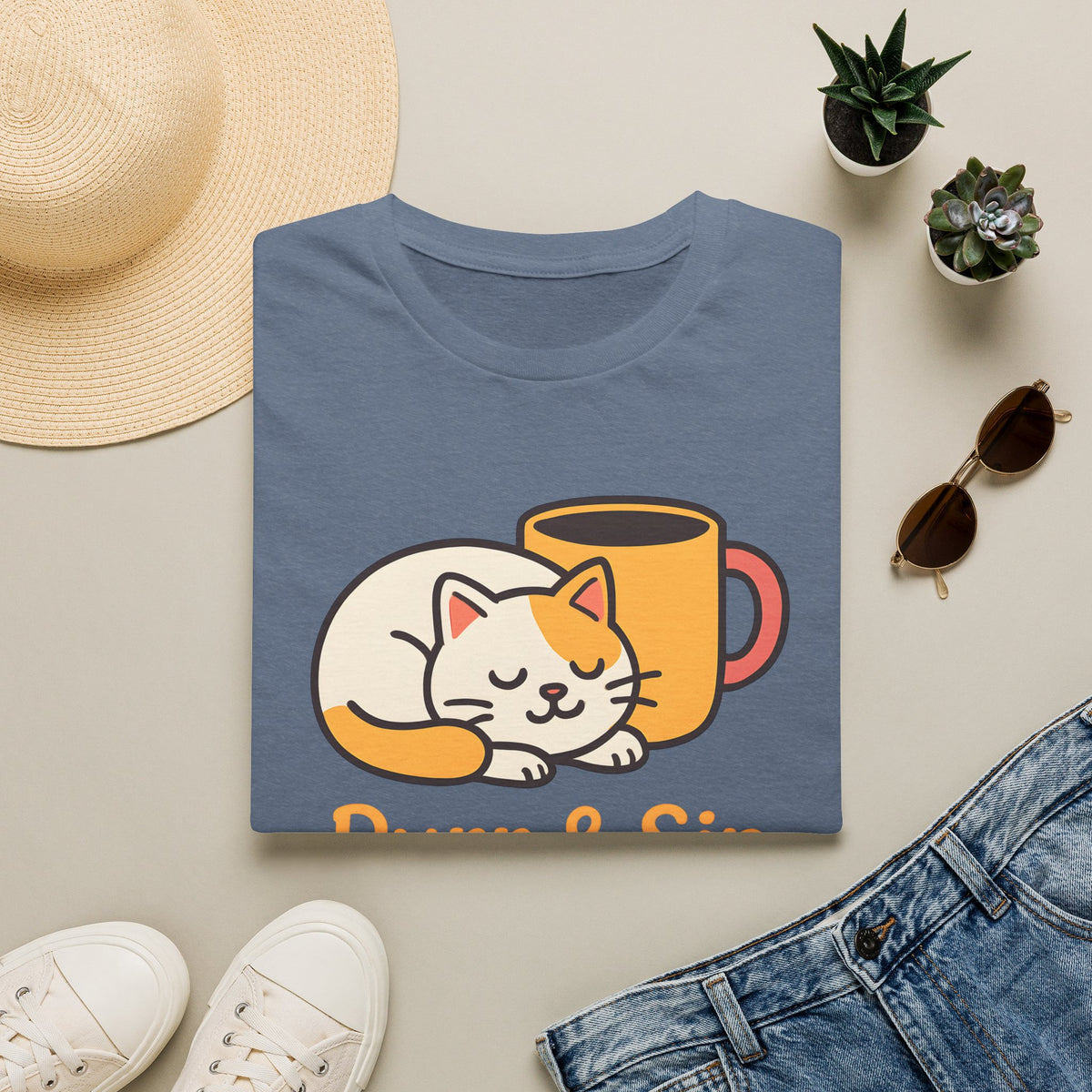 Purr and Sip, Cat and Coffee –  Supersoft Unisex T-Shirt