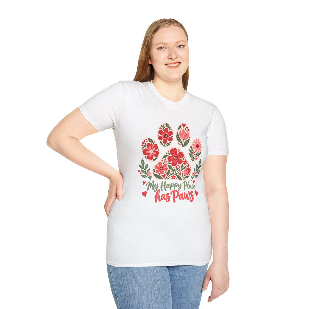 My Happy Place has Paws Floral Paw Print - Supersoft Unisex T-shirt
