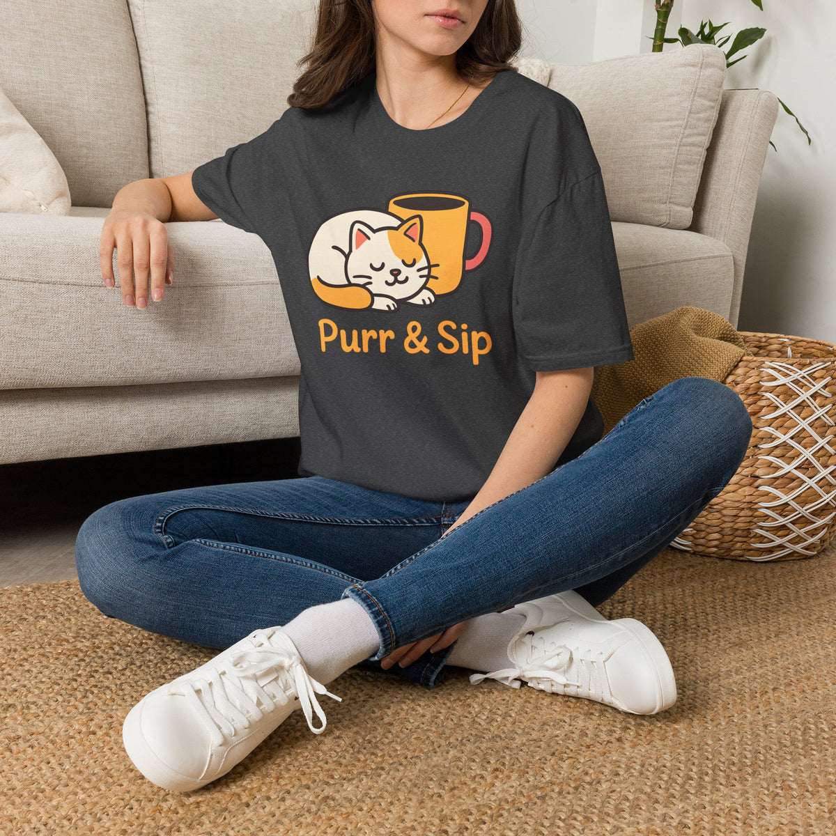 Purr and Sip, Cat and Coffee –  Supersoft Unisex T-Shirt