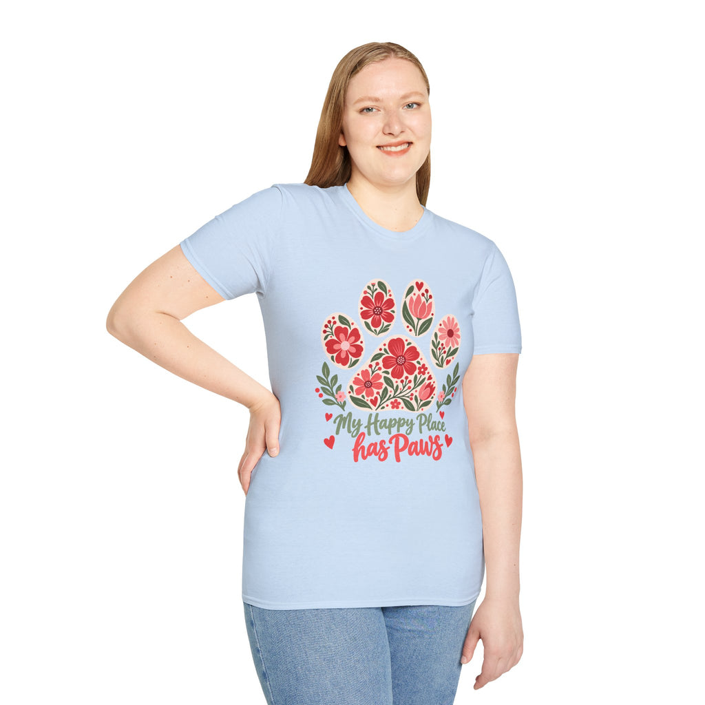 My Happy Place has Paws Floral Paw Print - Supersoft Unisex T-shirt