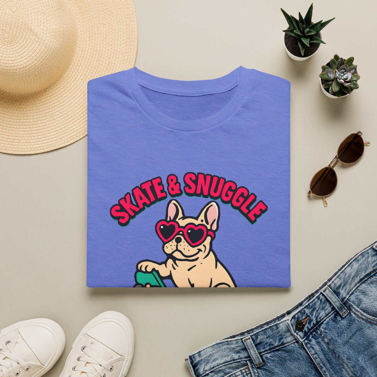 Skate and Snuggle Frenchie Pup –  Supersoft Unisex T-Shirt