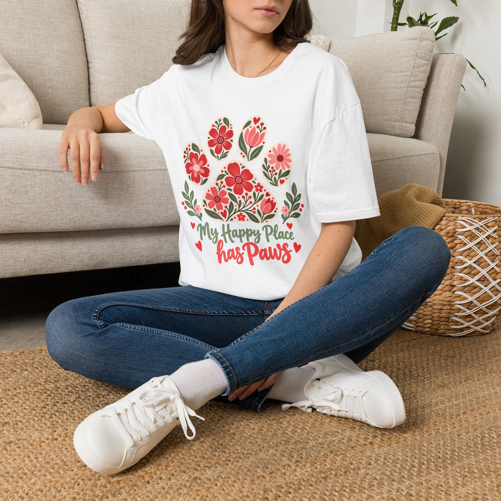 My Happy Place has Paws Floral Paw Print - Supersoft Unisex T-shirt