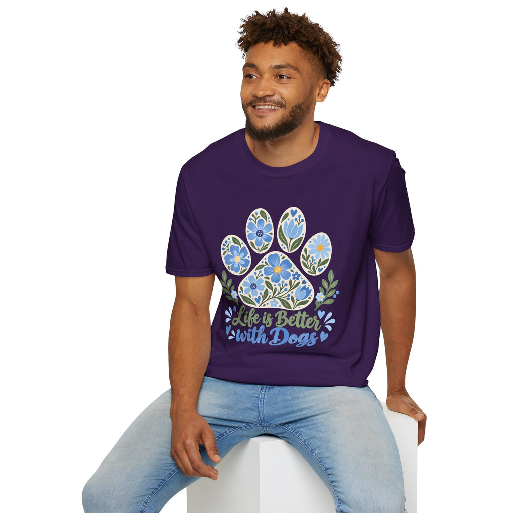 Life is Better with Dogs Floral Paw Print - Supersoft Unisex T-shirt