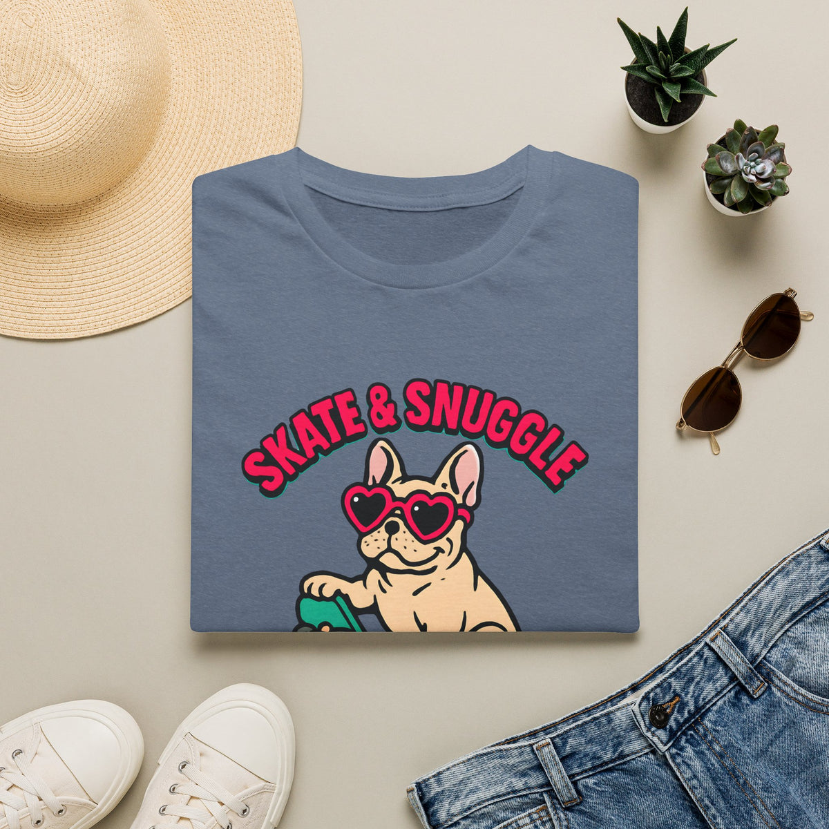 Skate and Snuggle Frenchie Pup –  Supersoft Unisex T-Shirt