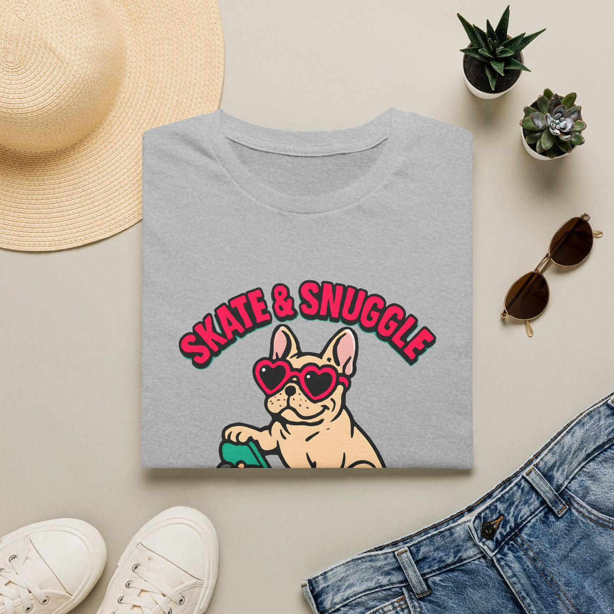 Skate and Snuggle Frenchie Pup –  Supersoft Unisex T-Shirt