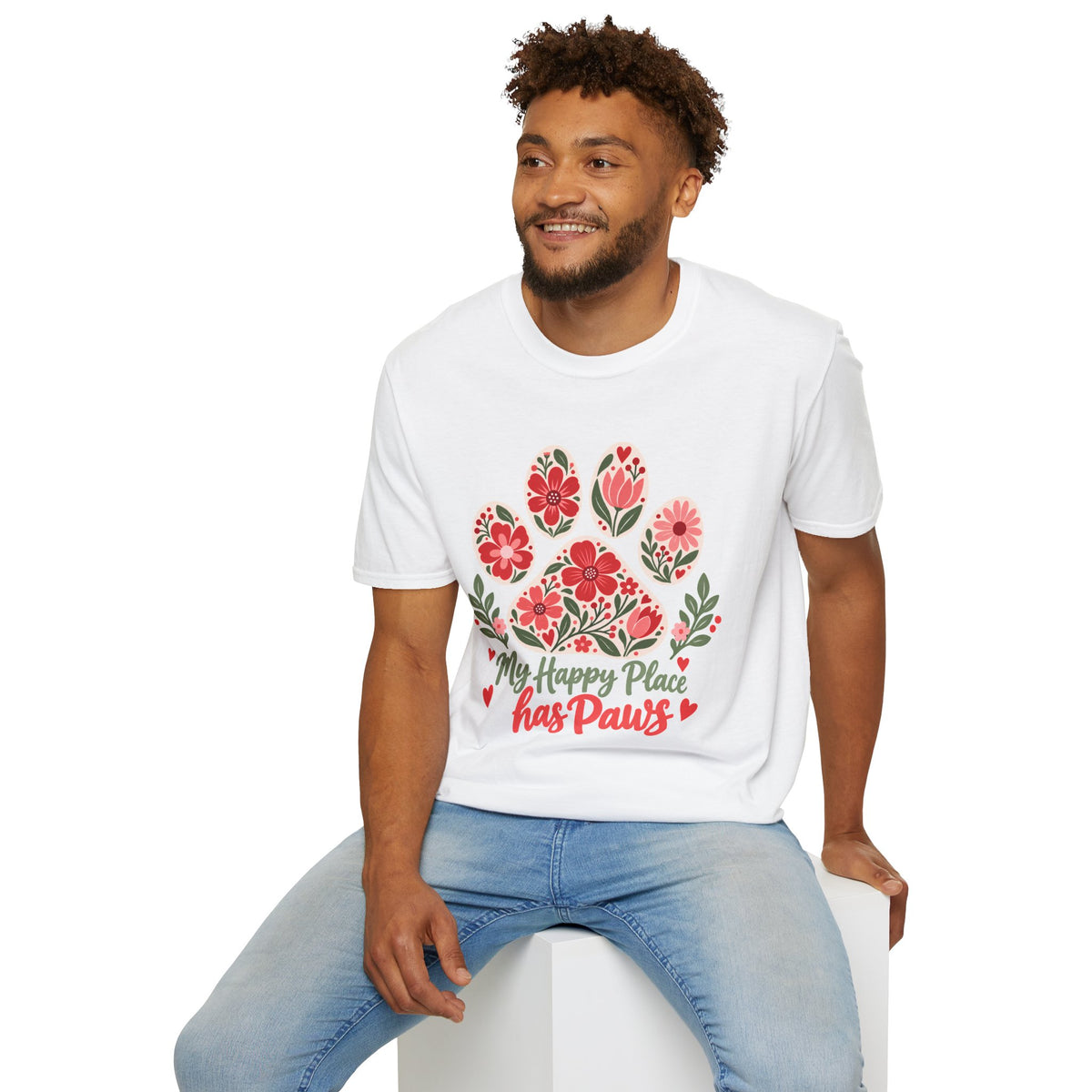 My Happy Place has Paws Floral Paw Print - Supersoft Unisex T-shirt