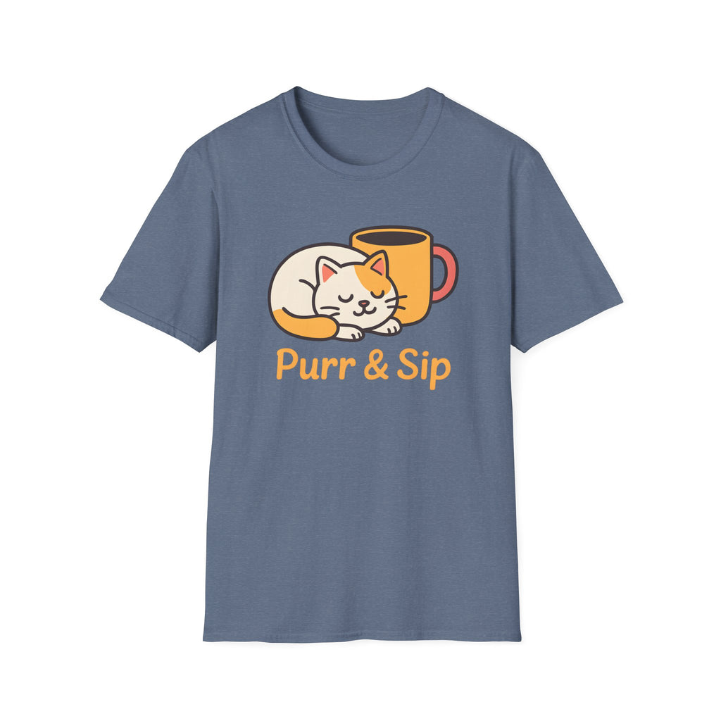 Purr and Sip, Cat and Coffee –  Supersoft Unisex T-Shirt