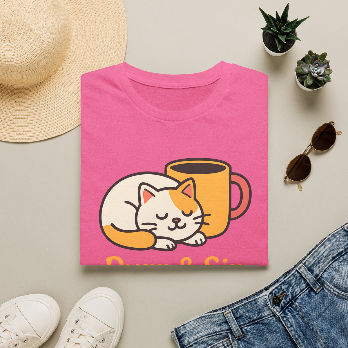 Purr and Sip, Cat and Coffee –  Supersoft Unisex T-Shirt