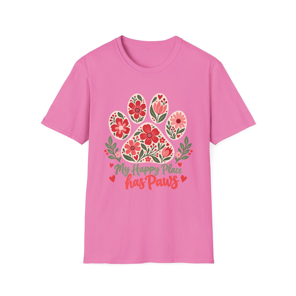 My Happy Place has Paws Floral Paw Print - Supersoft Unisex T-shirt