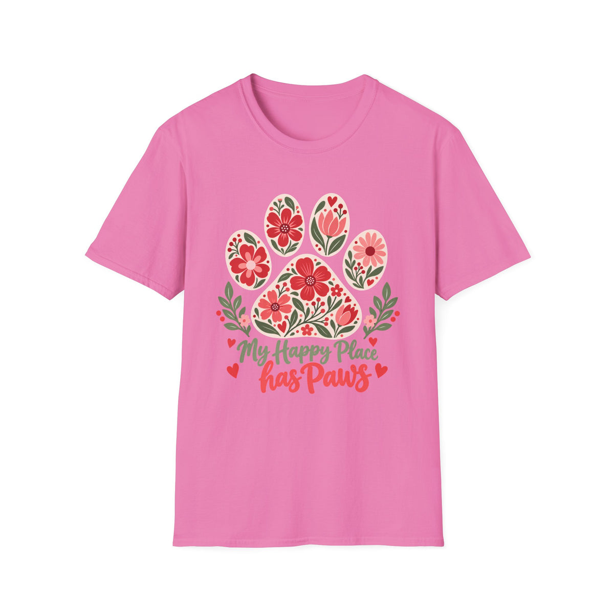 My Happy Place has Paws Floral Paw Print - Supersoft Unisex T-shirt