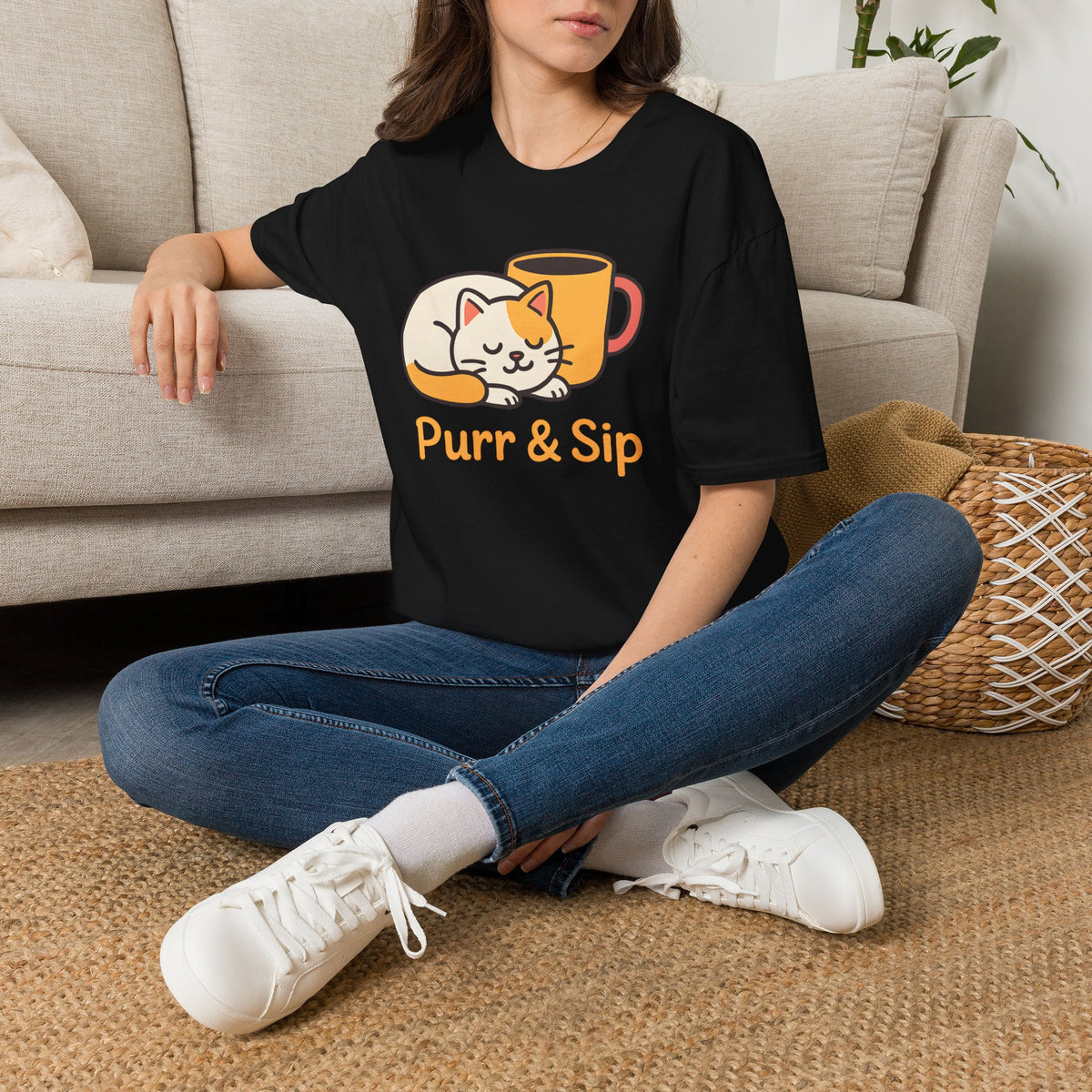 Purr and Sip, Cat and Coffee –  Supersoft Unisex T-Shirt